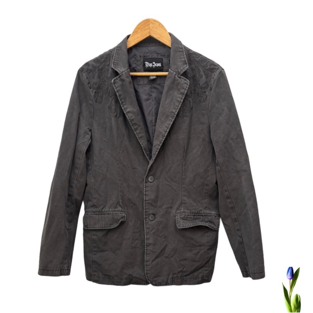Pop Icon Jacket Blazer with Embroidered, Charcoal Gray 100% Cotton Size L